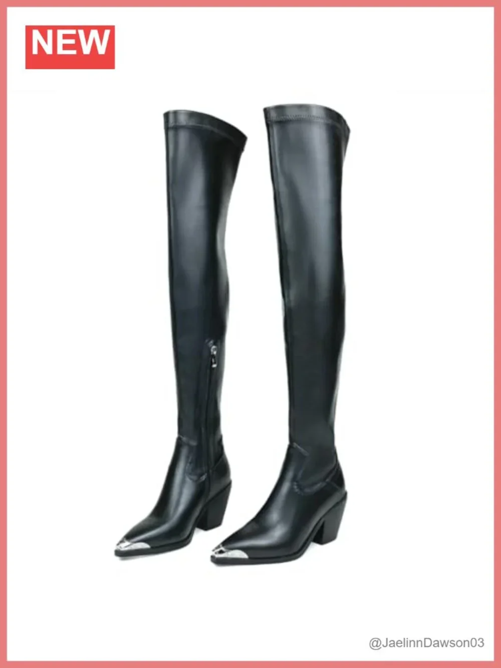 Faux Leather Thigh High Chunky Heel Boots Pointed Toe Side Zipper Women's